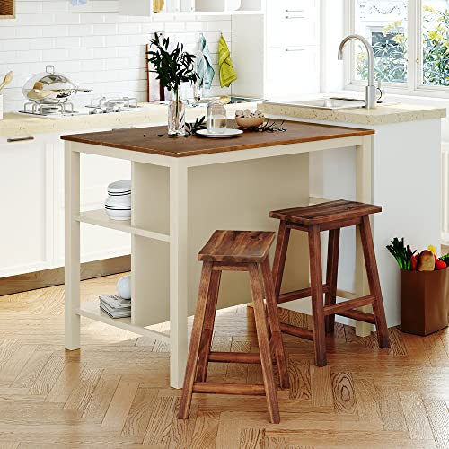 Image of RUNNA Simple 3-Piece 45 inch Stationary Kitchen Island Set with 2 Stools,Solid Wood Butcher Block Dining Table with 2 Open Storage Shelves for Small Places (Walnut+Cream White#t)