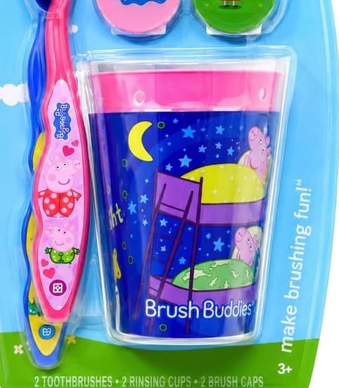 Brush Buddies Peppa Pig Kids Toothbrushes Kit Manual Toothbrushes for Kids Toddlers 3+ Years Travel Toothbrush Kit with Covers Cups 6PC Soft Bristles Rounded Head Easy Grip Handle Oral Care Set image 4