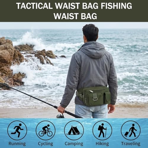 Image of GUSTAVE Tactical Waist Bag with Multi Pocket Storage, Water Resistant Oxford Fanny Pack with Adjustable Belt & D Ring for Hiking, Fishing, Cycling, Work, and Outdoor EDC Army Green