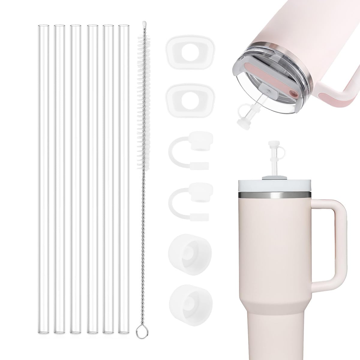 Proxima Direct Straw Spill Stopper Cover Accessories Compatible with Stanley Cup 2.0 40oz/30oz Include 6 Clear Straws Replacement with Cleaning Brush, 4 Leak Sproof Plug & 2 Silicone Cover Caps