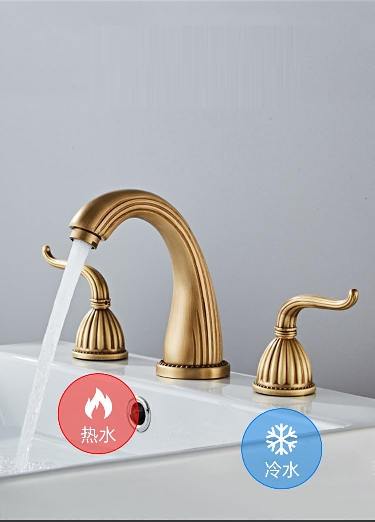 フランスのレトロな全銅製の洗面台用蛇口、洗面台用スプリット3穴温水・冷水スプラッシュプルーフ蛇口、ゴールドハンドホイール（ブラック古 【ホットコールドミキサークレーンタップデッキマウントヨーロッパデザインシングルハンドル】