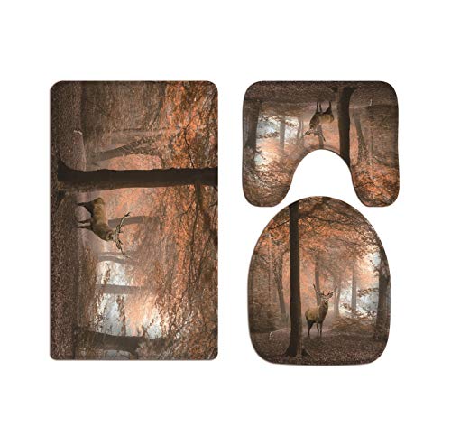 A.Monamour Badezimmer Badematte 3 Teilig Set Hirsch Im Roten Nebligen Herbstwald Bunte Bäume Tier...