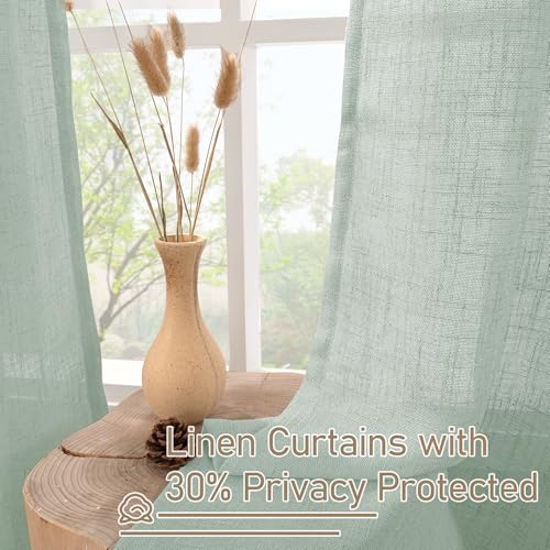 Image of LAMIT Light Sage Linen Curtains 45 Inches Long for Bedroom, Semi Sheer Light Filtering Panels Bronze Grommet Neutral Drapes for Kitchen /Window /Bedroom, 2 Panels Set, 52 x 45 Inch