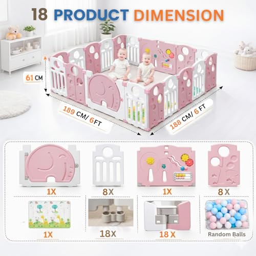 Image of 18 panel Playpen for Babies upto 5 year with Mat and Balls Foldable Baby Play Area Indoor Setup Play Yard Fence for Toddlers Kids Playarea Setup Outdoor Children Play Pen with Gate Baby Playpen(6 * 6 FT=36 SQFT, Pink)