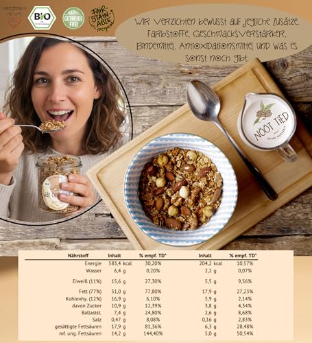 Nööt Tied - dat Original BIO Müsli ohne Zucker | Knuspriges Proteinmüsli mit Nüssen & Saaten | Getreidefreies Low Carb Knuspermüsli | Premium Muesli | Protein Granola aus Deutschland (150 g)