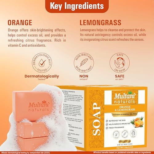 Image of Multani Natural Orange Lemongrass Soap - 125 gm (Pack Of 3) | Helps In Reducing Acne & Oil Control | Helps Revive Dull Skin & Refreshes Skin | Paraben Free | Clinically Tested | For All Skin Types | Soap Bar For Men & Women