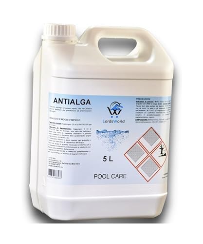 LordsWorld Pool Care - Antialga Liquido - Idoneo per Piscina Fuori Terra, Interrata Spa e Jacuzzi, Azzurrante Acqua Limpida -Previene la Formazione di Alghe Adatto a Piscine Acqua e Sale (5Lt)