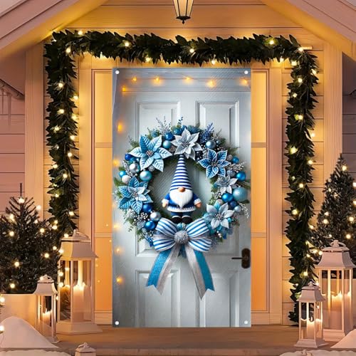 Image of BlissYard Christmas Door Cover 35x71 Inch Gnome Wreath Holiday Decor