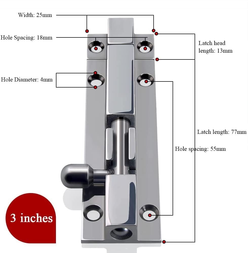 Cerradura deslizante for cerradura de puerta portátil, cerradura de pestillo deslizante mejorada de 3 pulgadas, cerradura de puerta corrediza de acero inoxidable 316 engrosada, efecto espejo