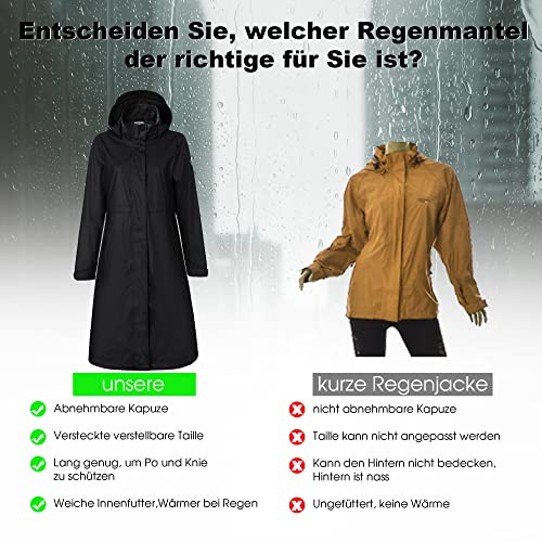 Regenmantel Damen lang Regenparka Damen wasserdicht atmungsaktiv gefütterte Regenjacke Trenchcoat Übergangsmantel Parka Outdoor, Schwarz, 38/M