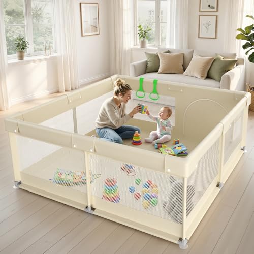 Ugozee Large Beige Baby Playpen - 59x59inch Twins Playard for Babies and Infants Safety Toddler Fence Extra Large Beige Playpen for Indoors Baby Activity Play Area Baby Play Pen Gives Mommy a Break