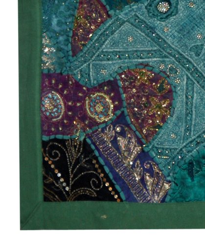 Grande Tapisserie Indienne Murale Brodée Main – Vintage Zari Patchwork Perles (Rouge, 100% Coton)
