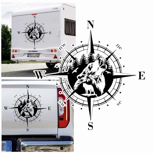 Rakelfix Autocollant boussole loup dans la forêt pleine lune taille et couleur au choix chien chien camping-car autocollant pour voiture sticker boussole rose vent camping