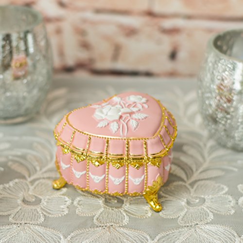 Matte Pink Heart Shaped Jeweled Gold Tone Metal Music Box Plays 18th Variation - Thumbnail 2