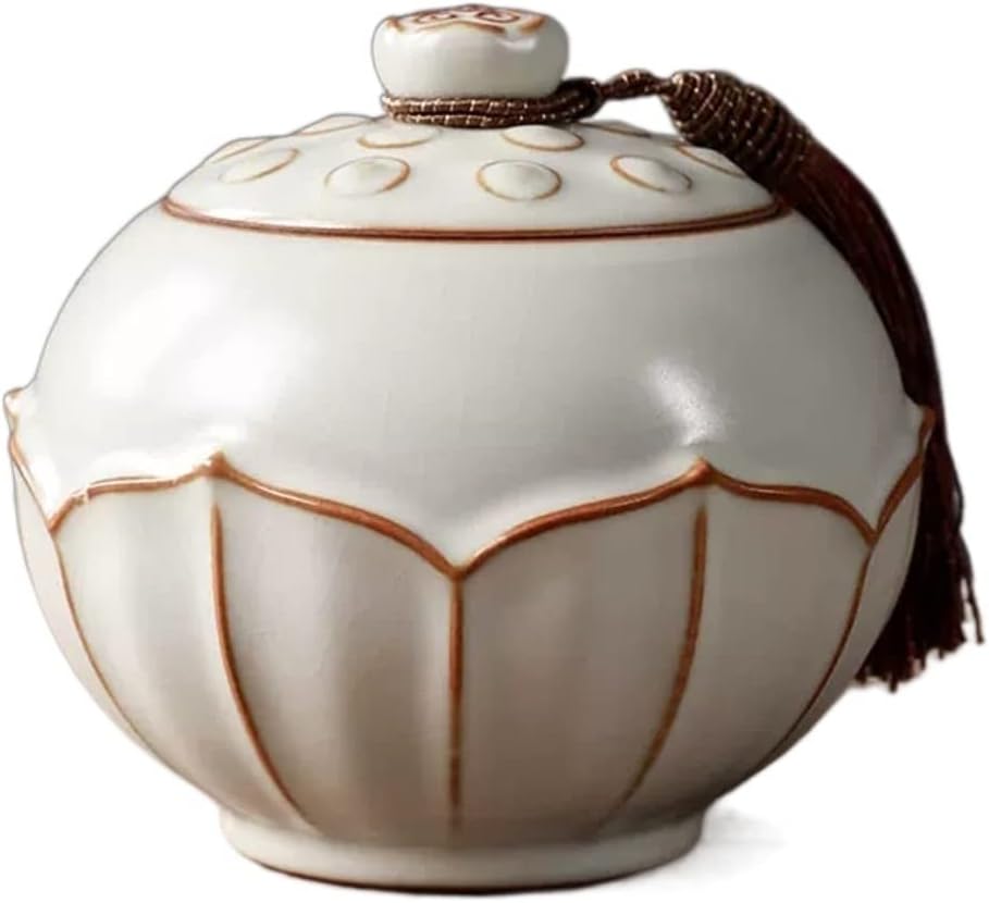 Tea Tin Retro Lotus Decorative Porcelain Tea Pot Chinese Ceramic with Lid Loose Sugar Ginger Coffee Bean Jar Container(White,Large)