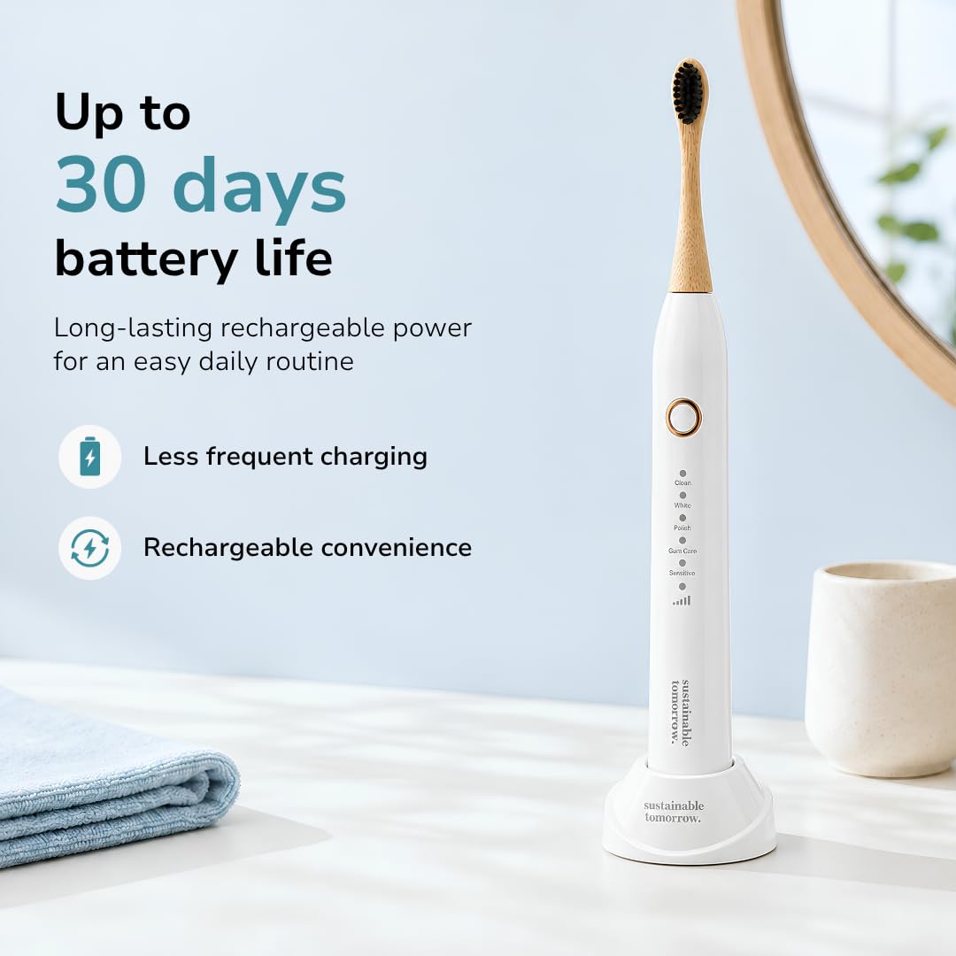 Sustainable Tomorrow Zen Bamboo Spazzolino da denti elettrico per adulti, modello wireless perlato, ricaricabile con setole morbide a base vegetale, teste in bambù, 5 modalità e batteria a lunga