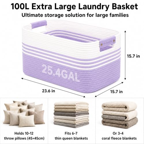Image of 25.4GAL Collapsible Cotton Rope Extra Large Storage Basket For Bedroom Closet, Boho Rectangular Short Hamper Woven Storage Baskets for Living Room Throw Pillows Blankets Dirty Clothes, White Purple