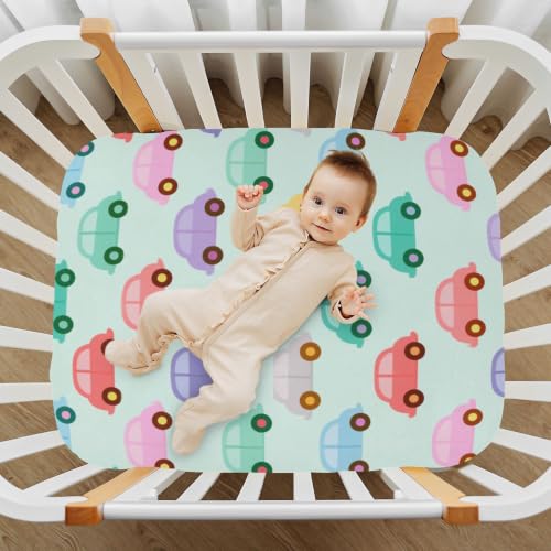 Image of Crib Sheet Breathable Soft Crib Mattress Sheet for Baby Toddler Boys Girls Fitted Pack n Play Crib Sheet Fit Standard Crib Mattress 39 x 27 Inch Cute Green Cars Colorful
