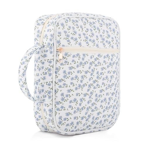 Dntorx Capa Bíblica Acolchoada para Mulheres com Alça, Bolsa Bíblica com Bolso com Zíper, Capa Bíblica Floral Azul para Meninas, Kit de Materiais de Estudo da Bíblia, Tamanho Grande