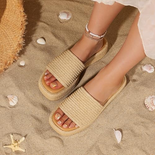 Image of Erocalli Platform Sandals Women Cute Wedge Espadrilles Slip on Summer Beach Raffia Vacation Sandal Comfortable Open Toe Dressy Shoes