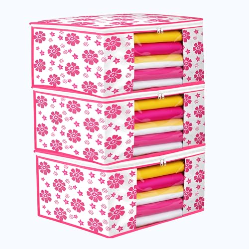 Image of Flower Printed Saree Covers for Cloth Storage & Wardrobe | Transparent Window, Zipper Closure | Pink-White | Pack of 3 | Dustproof Breathable Storage Bag for Travel & Home Use