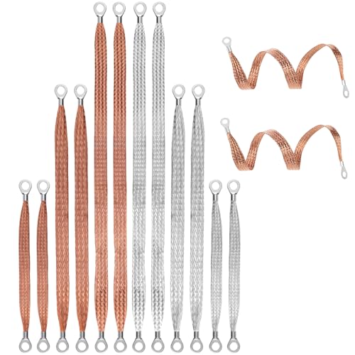 Oqqlin 12 Pcs Automotive Ground Straps, 10/15/20 Inch Universal Engine Grounding Cable Strap Kit with Ring Terminals Braided Copper Tinned Ground Wire for Most Cars (Silver, Orange)