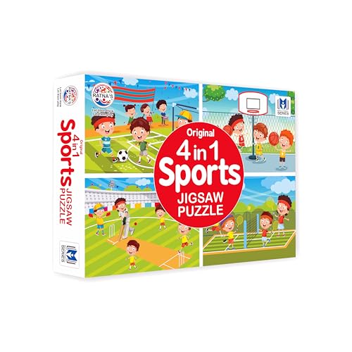Image of Ratna's Original 4 in 1 Sports Jigsaw Puzzle for Kids - Set of 4, 35-Piece Puzzles for Games Like Cricket, Football, Basketball & Tennis | Educational Toy | Puzzle Guide Included | Ages 3 and Up
