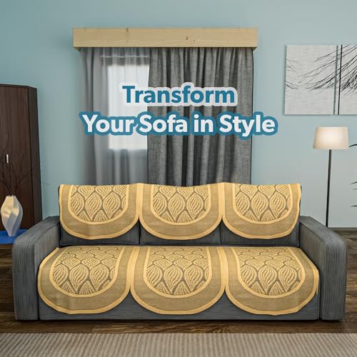 Image of Kuber Industries (Set of 6) Stylish & Durable Net Cotton Sofa Covers 3 Seater | Aesthetic Sofa Protector /Mat | Suitable Slipcover for Living Room & Office | Coconut Bright - Golden