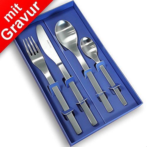 Puresigns One Besteckset 4tlg. MIT Gravur (z.B. Namen) ** Geschenke zum Auszug, Einzug, Umzug, Studienbeginn, Erstausstattung der Wohnung