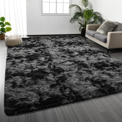 Deerhoo Large Shag Area Rugs 5 x 8, Tie-Dyed Plush Fuzzy Rugs for Living Room, Ultra Soft Fluffy Furry Rugs for Bedroom, Anti-Skid Indoor Carpet Nursery Rugs for Kids Room Home Decor, Dark Grey