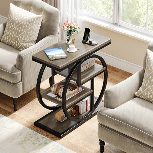 Image of Tribesigns End Table Set of 2, 4-Tier Narrow Side Table with Storage Shelves, Wood Small Sofa Side Table with Geometric Metal Frame, Industrial Bedside Table for Bedroom, Living Room, Grey