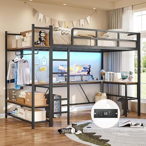 Itaar Twin Loft Bed with L-Shaped Desk, LED Lights and Charging Sation, Loft Bed Twin Size with 3-Tier Storage Shelves and Clothes Rail, Safety Guard & Ladder, No Box Spring Needed, Rustic Brown Cover