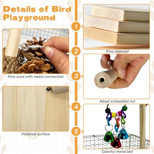 Image of PINVNBY 3 PCS Wooden Small Bird Playground for Top of Cage, Wood Parrot Stands Perch Birds Gym with Hanging Chewing Toys Bird Cage Accessories for Parakeet Conure Love Birds Budgie