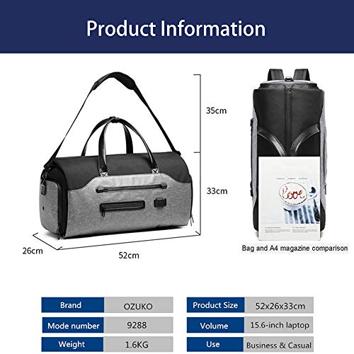 OZUKO Gym Bag Backpack, 4 in 1 Carry-on Garment Bag Large Duffel Bag Suit Travel Bag Weekend Bag Flight Bag Overnight Bag with Shoes Compartment (Black)