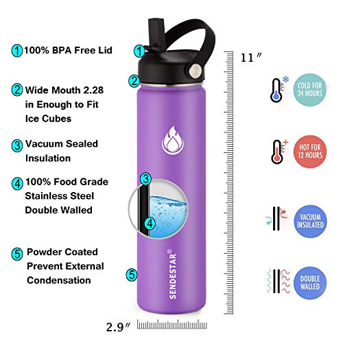Image of SENDESTAR Stainless Steel Water Bottle, Wide Mouth Water Bottle 24 oz with Straw Lid, Spout Lid, Double Wall Vacuum Insulated Leak Proof, Keeps Liquids Hot or Cold (Violet)