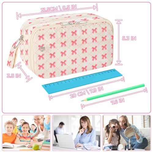 Image of WOBAGMEN Cute Pencil Case,Large Corduroy Zippered Pencil Case Pouch, aesthetic Pencil Bag with Compartments, Pencil Pouch School Supplies (HY-corduroy pc-pink bow)