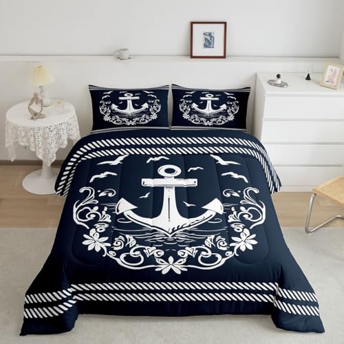 Erosebridal Nautical Anchor Bedding Set for Boys, Compass Adventure Comforter Set Coastal Compass Duvet Sets Ocean Sailboat Bedding Comforters for Kids Teens Adult Bedroom, Navy Blue(Queen Size) - Image 2