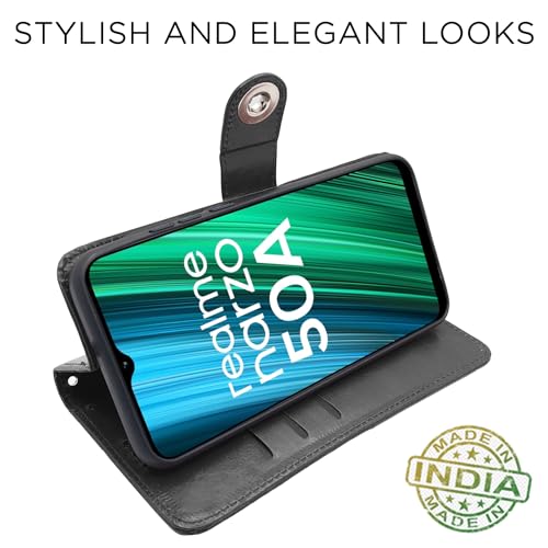 Image of Pikkme Realme Narzo 50A Flip Cover Leather Finish | Inside TPU with Card Pockets | Wallet Stand and Shock Proof | Complete Protection Button Flip Case (Black)