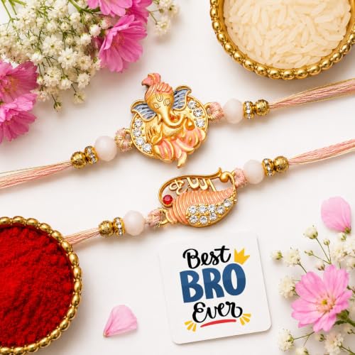 Image of eCraftIndia Set of 2 Lord Ganesha, Krishna Rakhis, Best Bro Ever Fridge Magnet with Roli Chawal Pack - Rakhis for Brother, Bhabhi, Kids
