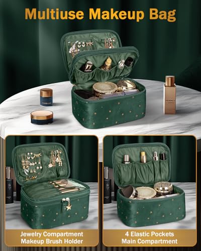 Wedama Makeup Bag, Double-layer Cosmetic Bag with Jewelry Storage and Brush Holders 3 Pcs Velvet Makeup Bag Set Travel Makeup Organizer Bags Cosmetic Case Toiletry Bag for Women Girls, Dark Green2