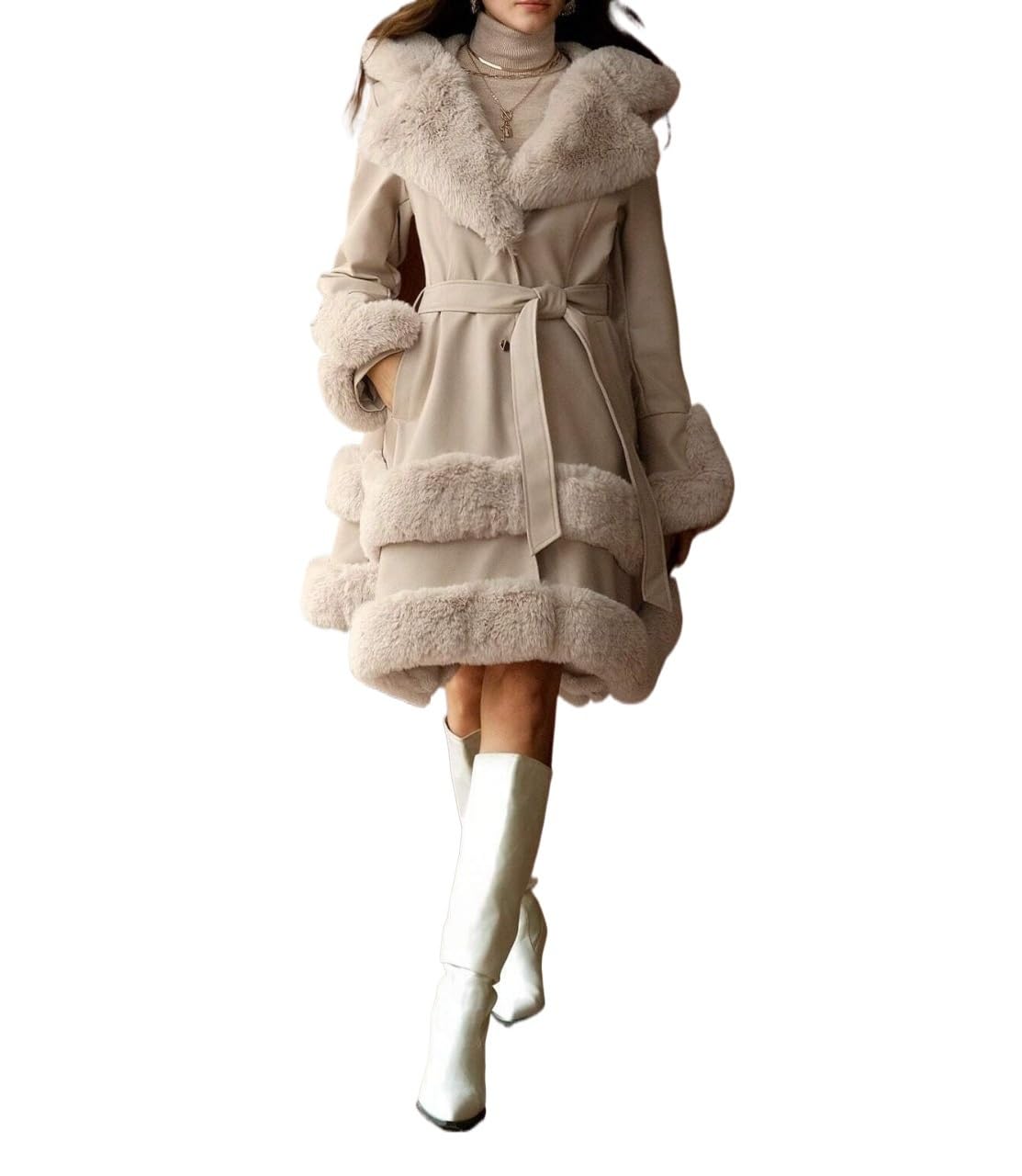 Womens Fashion Trench Outwear Long Trimmed Fluffy-Lined Regular Coat Jacket Coat