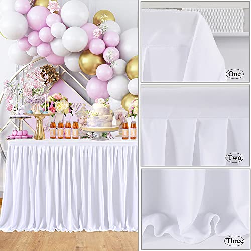 White 9Ft Pleated Polyester Table Skirt Cloth For Wedding Baby Shower Decorations, Birthday Party Decor, Gender Reveal, Banquet Dessert Cake Rectangle Round Tables #TOP3