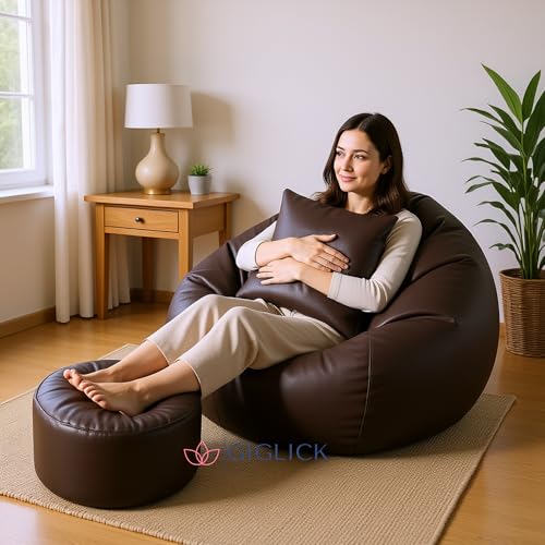 Image of 4XL Bean Bag Chair with Footrest & Cushion | Pre-Filled Beans | PVC Leatherette Lounger Sofa | Indoor & Outdoor Bean Bag with Pocket & Handle | Double Stitching | 6 Months Warranty Color- (Brown)