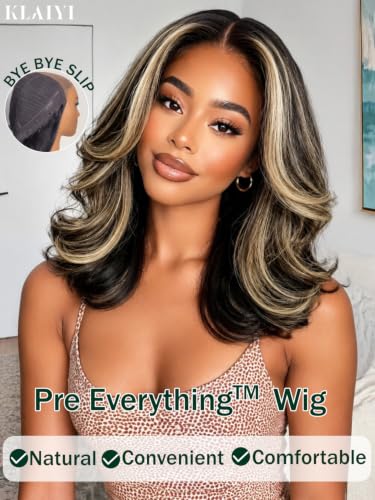 Image of KLAIYI Bye Bye Slip Ombre Ash Blonde Highlight Bob Body Wave Glueless Precut 7X5Lace Front Wigs Human Hair Layer Blowout Drawstring Ready to Wear Go Wig Face Framing Pre Plucked Bleached Knots 12Inch