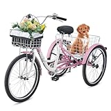 Viribus Adult Tricycle, 7 Speed Tricycle for Adults with Front & Rear Removable Wheeled Baskets, 3 Wheel Bikes for Adults Women Men Seniors 26 inch, Adults Trike 400 lb. Capacity Pink