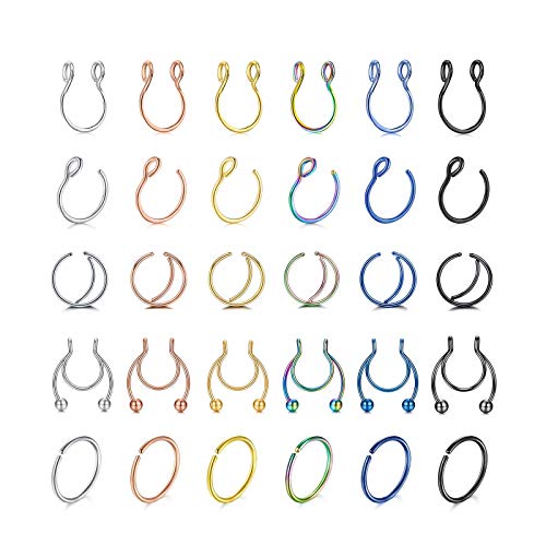 Gnoliew Fake Nose Ring Hoop Faux Septum Piercing Non Pierced Jewelry 6-30 Pcs 8mm&20G Stainless Steel Clip-On Earrings Nose Lip Cartilage Hoops(A1)