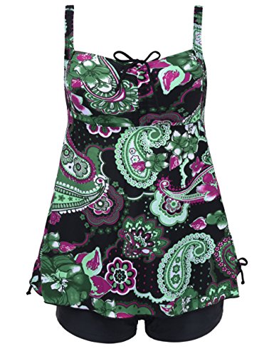 Nonwe Women's Retro Vintage Floral Printed Two Piece Plus Size Swimsuits with Shorts