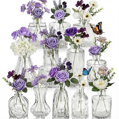 Ferrochef 36 Pcs Artificial Flowers Table Centerpiece with Vases Colorful Wildflower Centerpieces Silk Flower Arrangement for Wedding Baby Shower Table Centerpieces Party(Purple Series Clear)