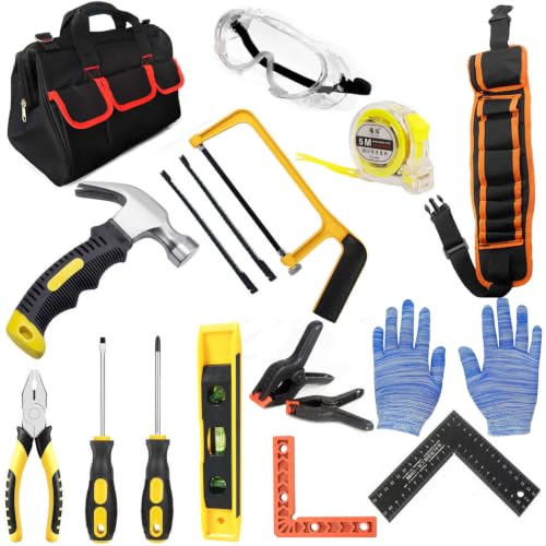QeeHeng Kinder Werkzeug Set, Echtes Werkzeug für Anfänger,Holzbearbeitungswerkzeug-Set für Kinder, DIY-Bauwerkzeug ,Lernen Geschenk,Eltern-Kind-Aktivitäten,mit Werkzeugtasche&Hammer&Handsäge