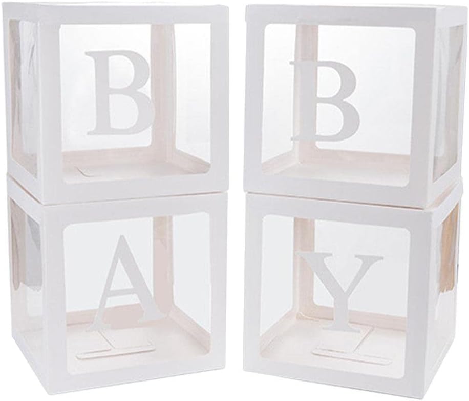 Premium Baby Shower Box, 4Pcs 11.8in Clear Block Boxes with DIY Name Combination, Gender Reveal & Birthday Decorations for Boys Girls, Centerpiece - White